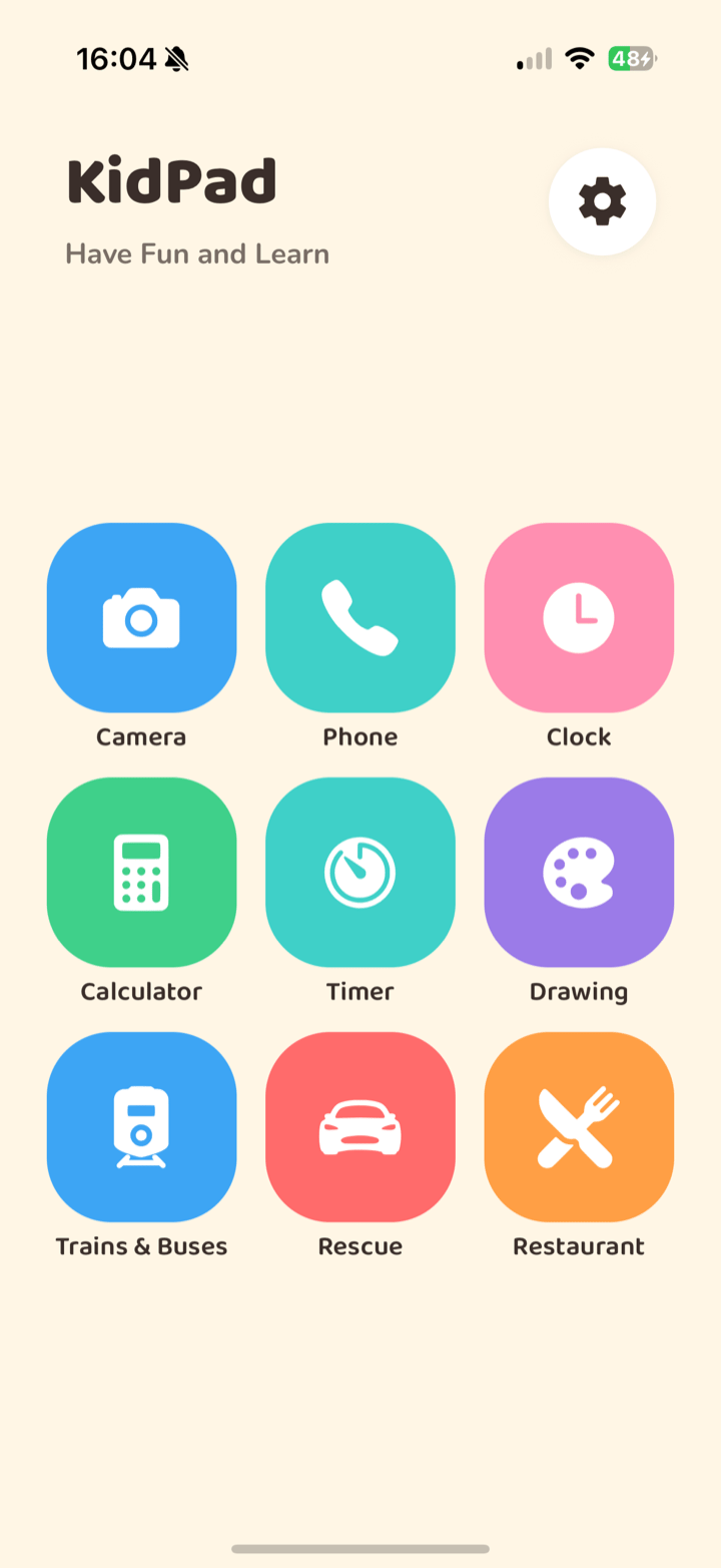 KidPad home screen with big colourful app icons